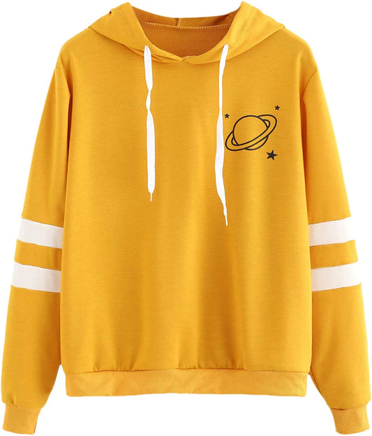 Women's Planet Print Striped Drawstring Pullover Sweatshirt Hoodies