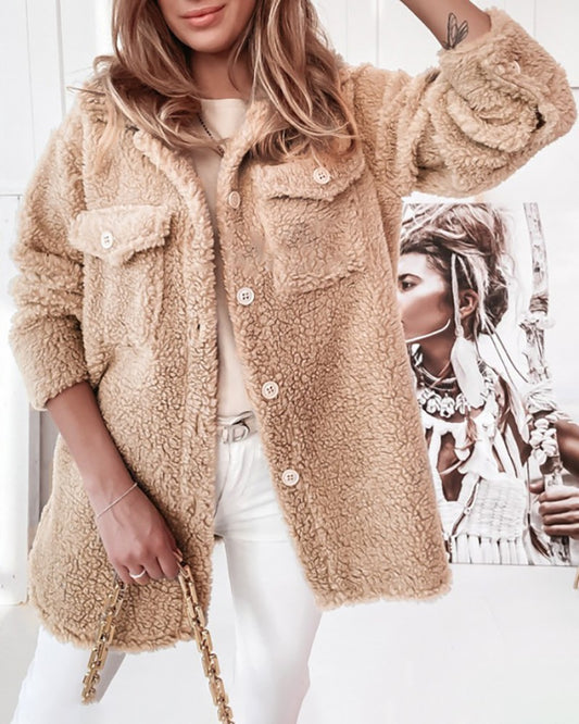 Women's Pocket Design Buttoned Long Sleeve Teddy Coat