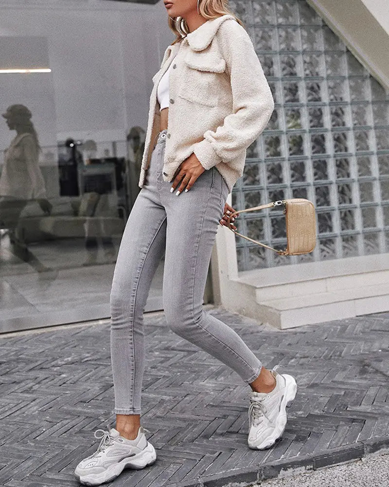 Women's Pocket Design Long Sleeve Fluffy Teddy Coat