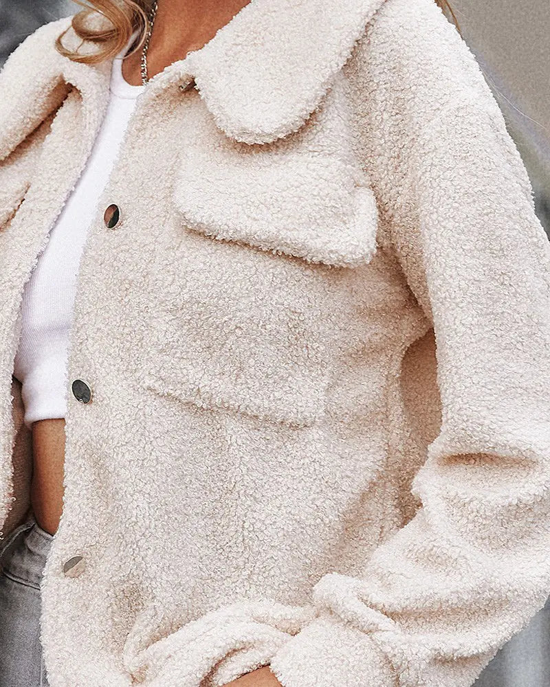 Women's Pocket Design Long Sleeve Fluffy Teddy Coat