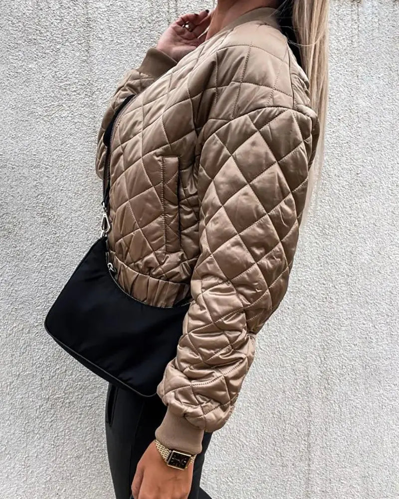 Women's Quilted Long Sleeve Zipper Design Puffer Jacket