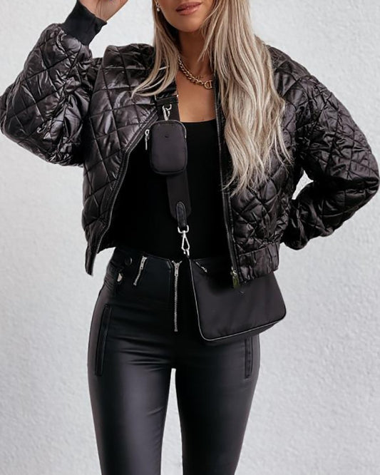 Women's Quilted Long Sleeve Zipper Design Puffer Jacket