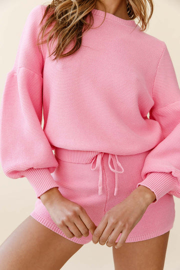 CHARLOTTE LONG BALLOON SLEEVE KNIT SWEATER HOT PINK