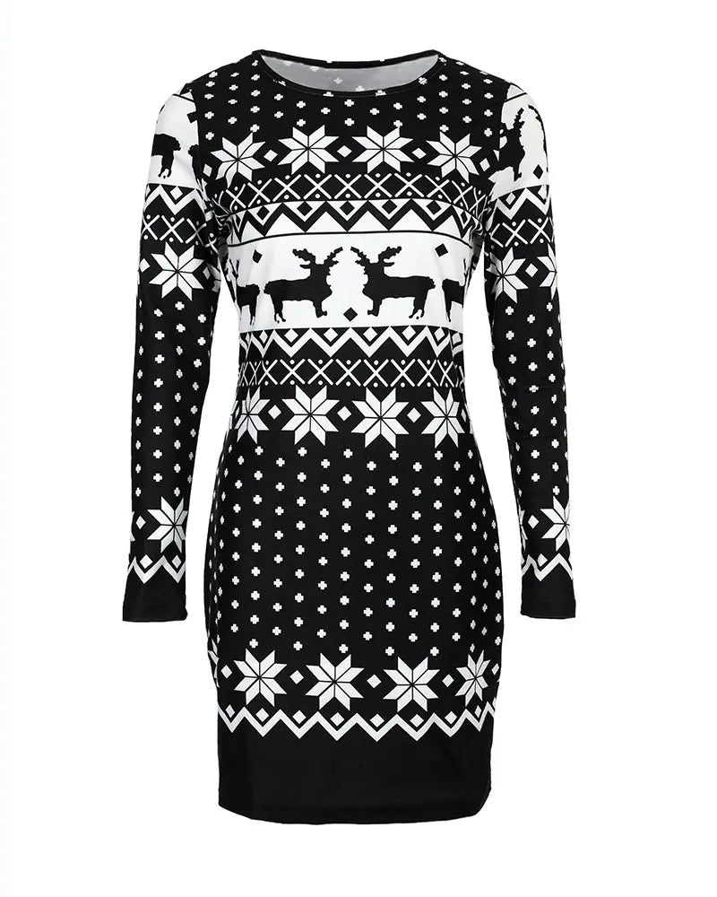 Christmas Long Sleeve Snowflake Elk Print Bodycon Dress