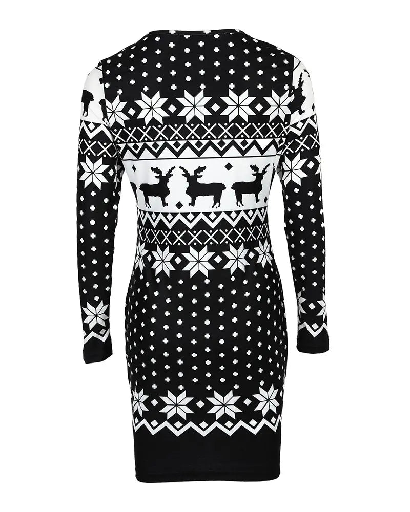 Christmas Long Sleeve Snowflake Elk Print Bodycon Dress