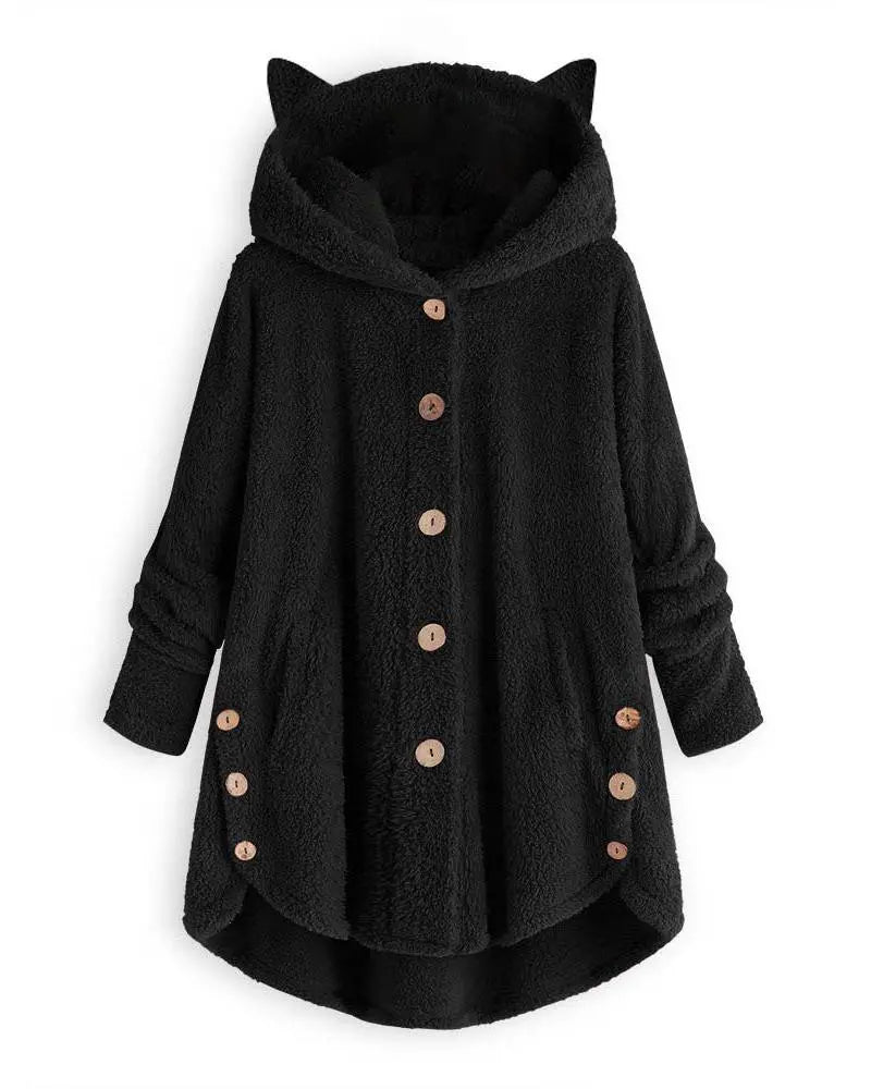 Long Sleeve Button Design 3D Cat Hooded Teddy Coat