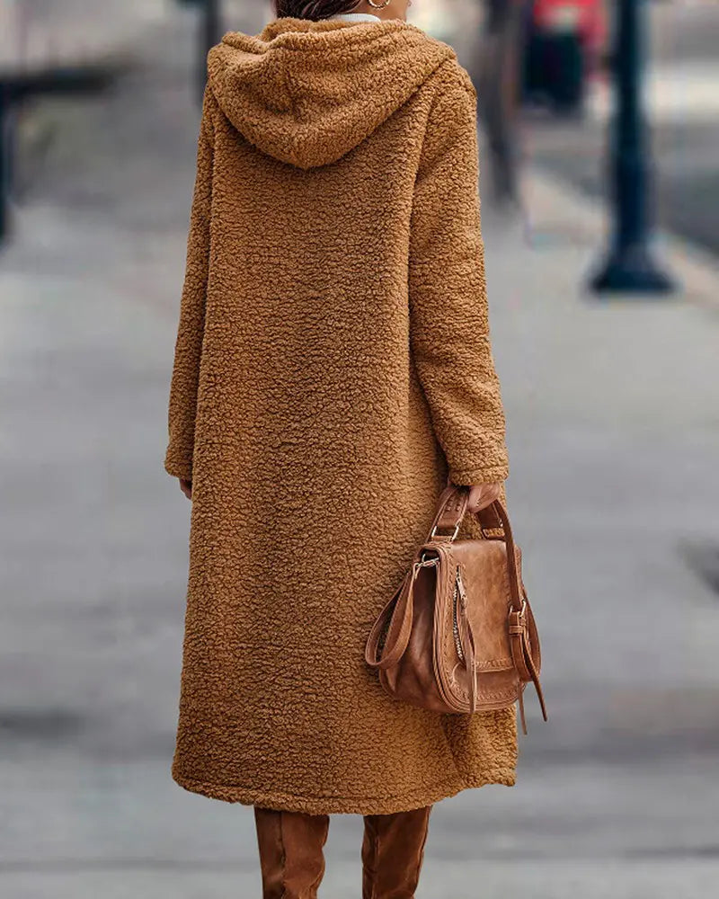 Women's Hooded Long Sleeve Longline Teddy Coat