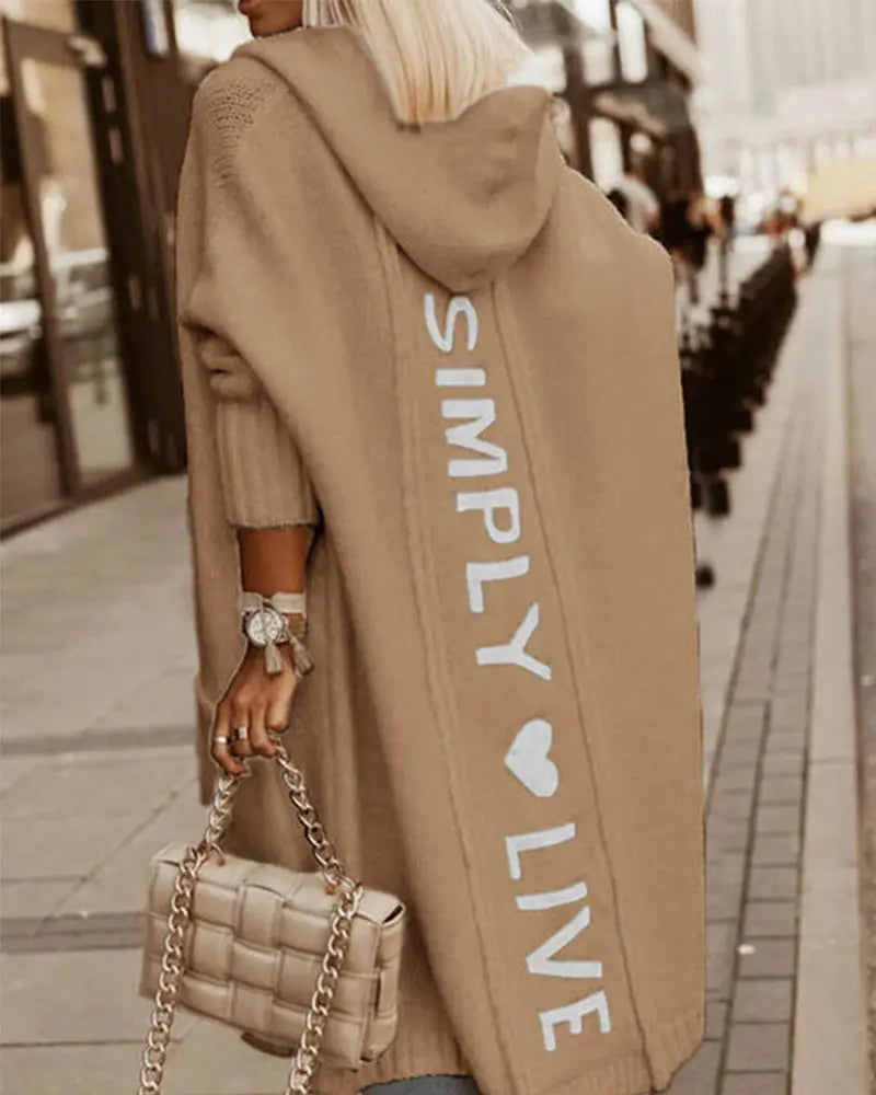Women's Fashion Letter Heart Print Longline Hooded Cardigan