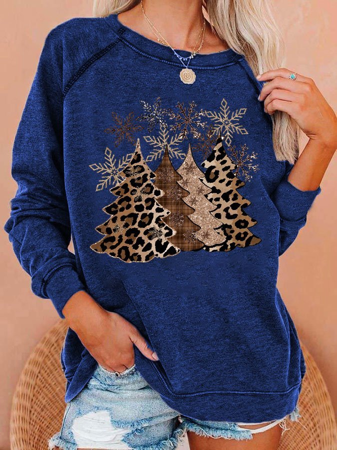 Women's Leopard Christmas Tree Print Casual Crewneck Sweatshirt