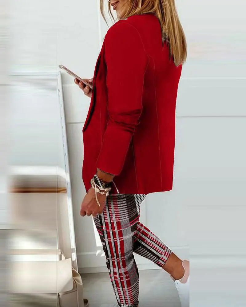 Shawl Collar Single Button Blazer & Plaid Pants Set