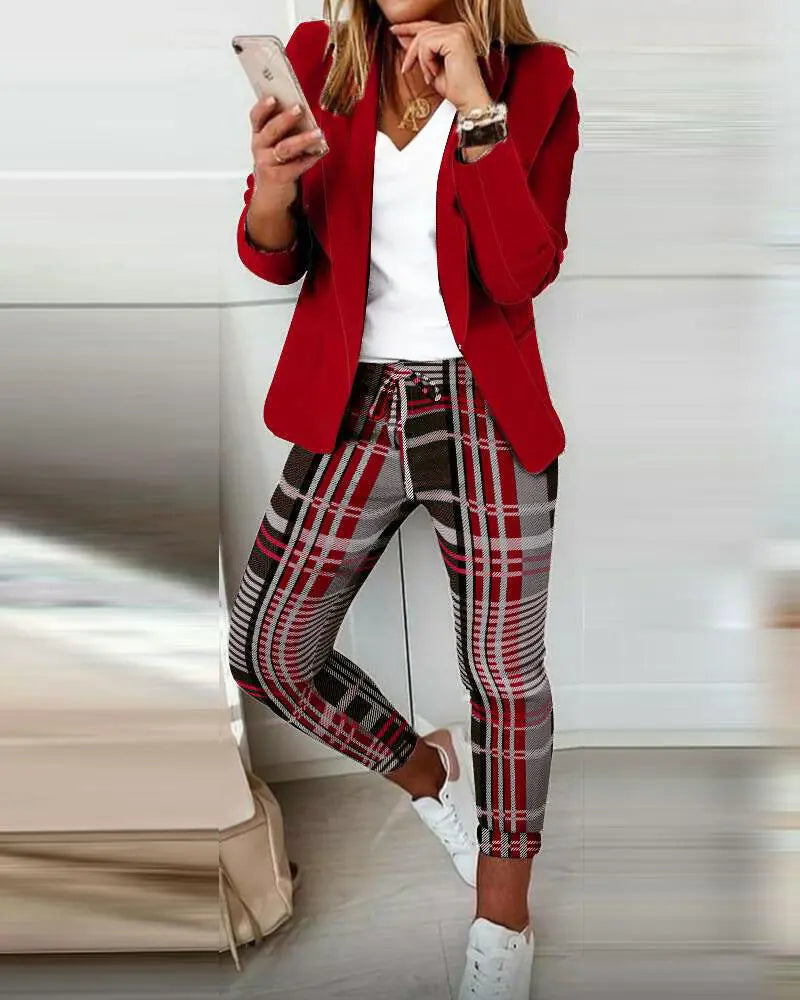 Shawl Collar Single Button Blazer & Plaid Pants Set