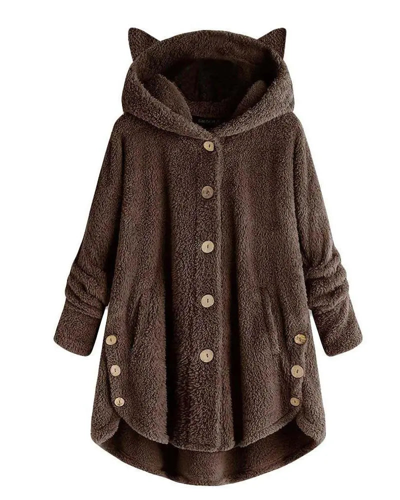 Long Sleeve Button Design 3D Cat Hooded Teddy Coat