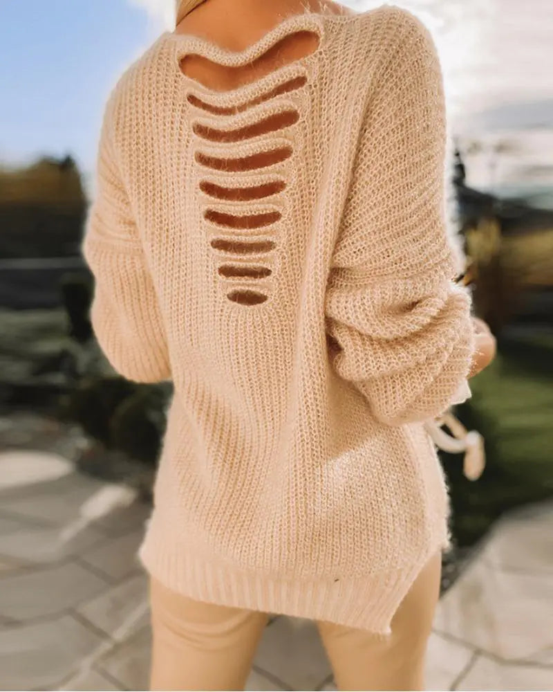 Long Sleeve Ladder Cutout Open Back Chunky Knit Sweater