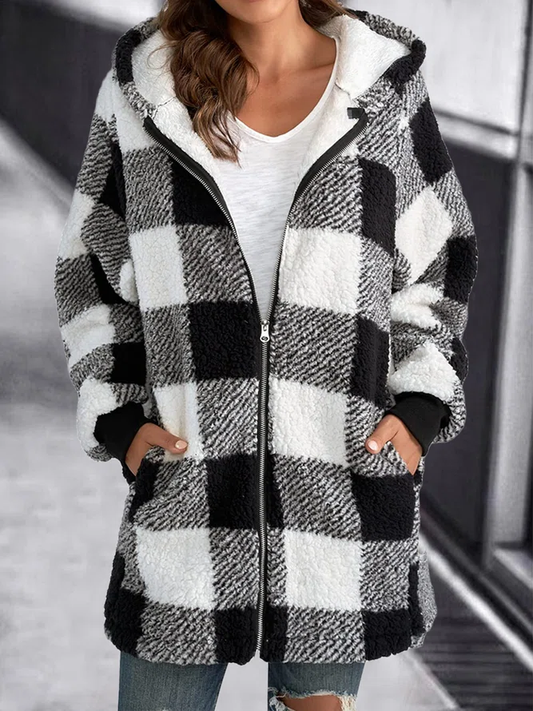 Women's Stylish Hoodie Plaid Loose Overcoat