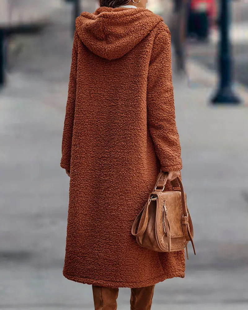 Women's Hooded Long Sleeve Longline Teddy Coat