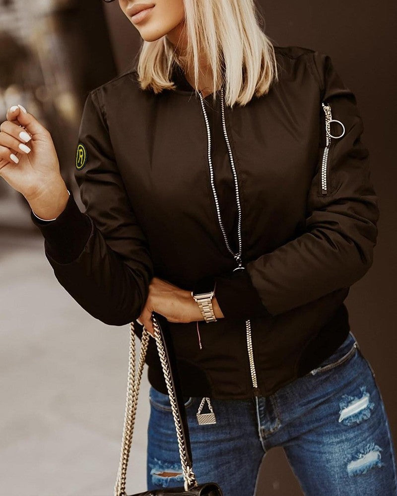 Women's Fashion Long Sleeve Zipper Detail Bomber Jacket