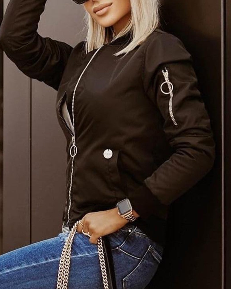 Women's Fashion Long Sleeve Zipper Detail Bomber Jacket