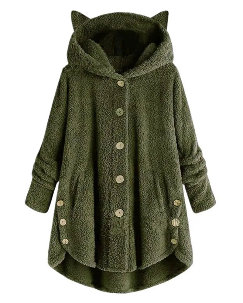 Long Sleeve Button Design 3D Cat Hooded Teddy Coat