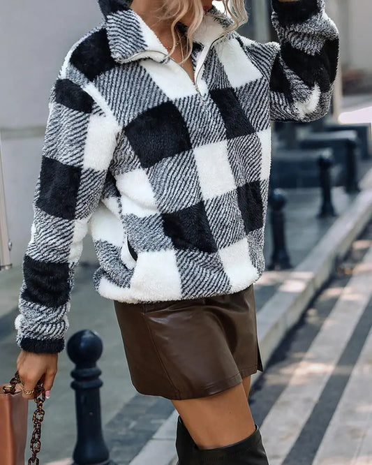 Plaid Print Zip Front Long Sleeve Fluffy Sweatshirt