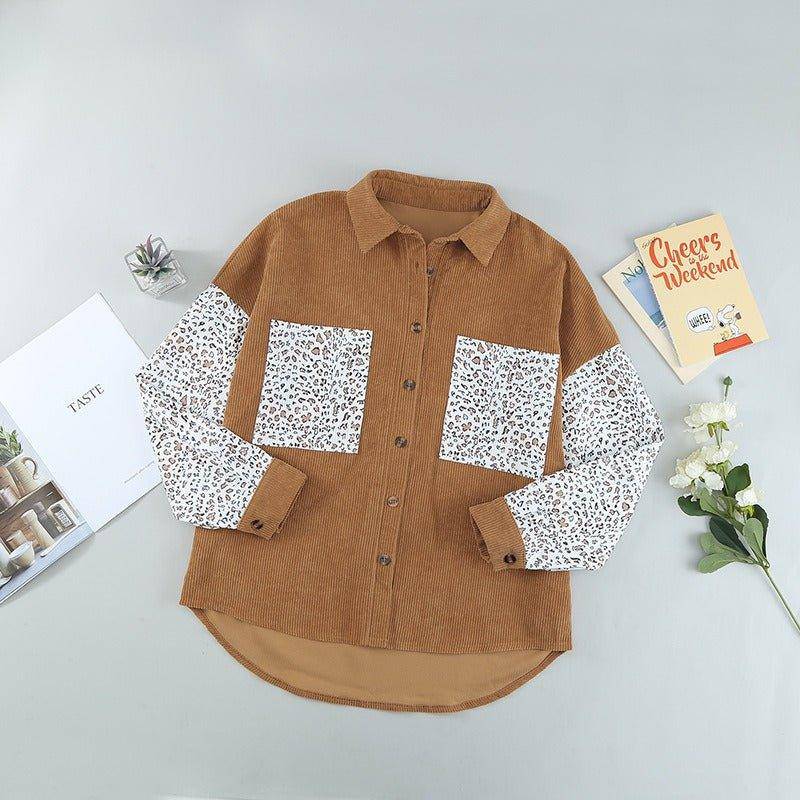 Charlotte Leopard print shirt jacket female splicing row of buttons with pockets corduroy shirt jacket - Charlotte-dress