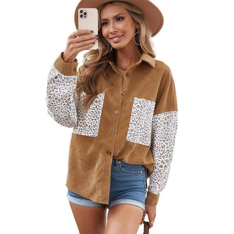 Charlotte Leopard print shirt jacket female splicing row of buttons with pockets corduroy shirt jacket - Charlotte-dress