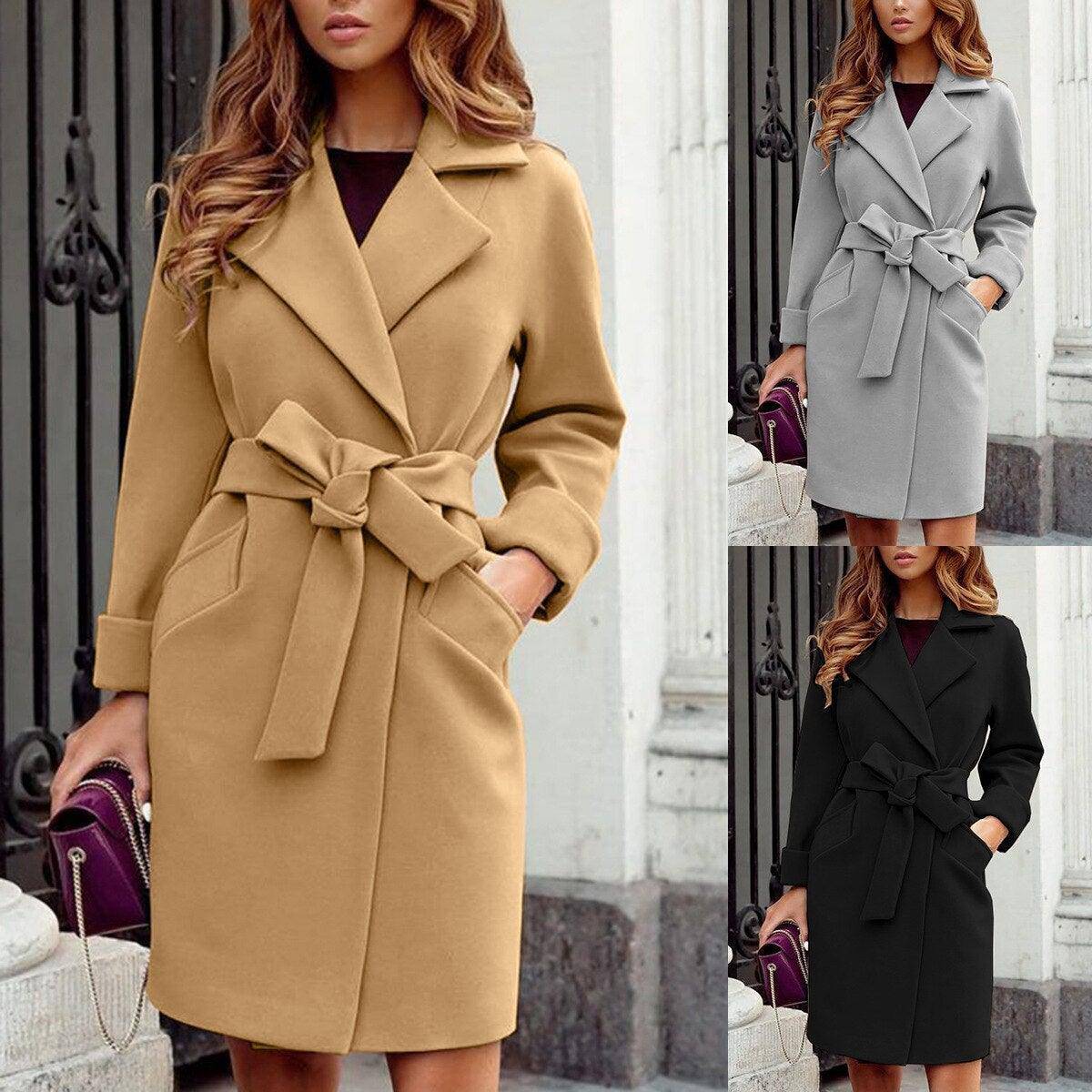 Charlotte Women's Shawl Collar Lapel Trench Jacket Belted Wrap Coat