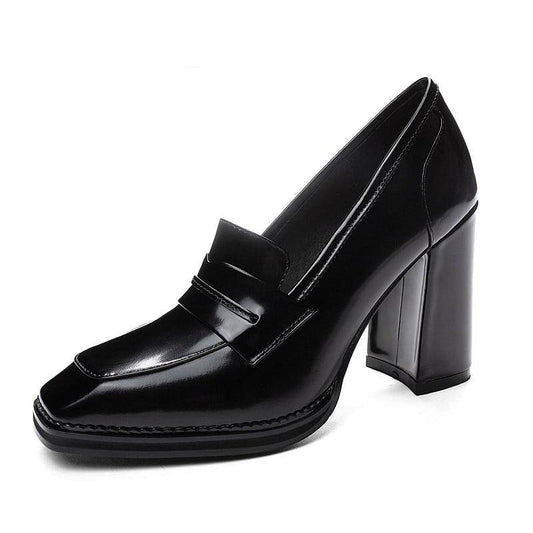 👠Women's Genuine Leather Round Toe Buckled Platform Slip-On Pumps