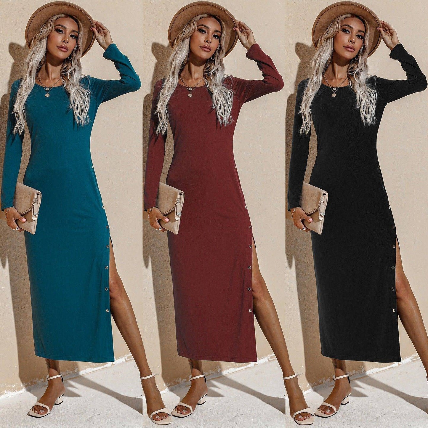 Charlotte Women's Solid Color Long-Sleeved Thin Long Dress