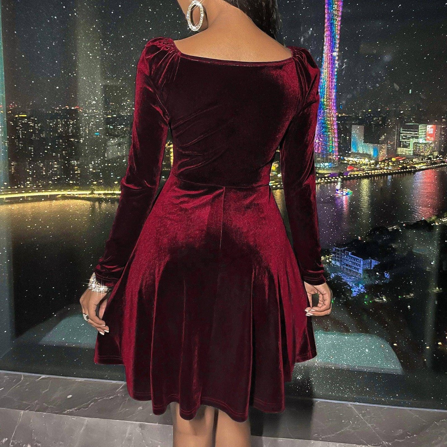 Charlotte Women's V-Neck Sexy Long-Sleeved Solid Color Mini Dress