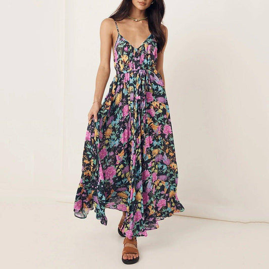 Charlotte Spring and summer women's long dress sexy print backless V-neck halter dress - Charlotte-dress