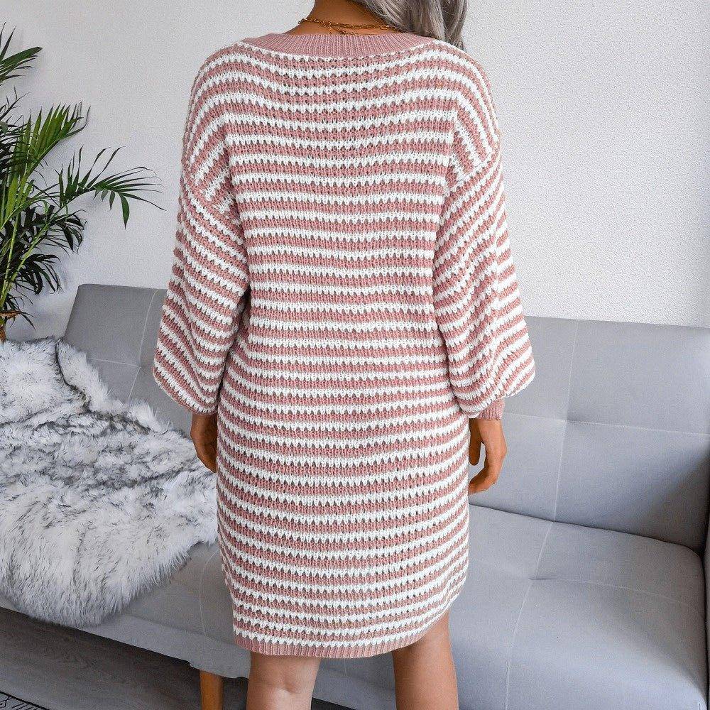Charlotte The ins wind actual shooting autumn and winter long sleeve sweater dress new striped hollow knitted dress - Charlotte-dress