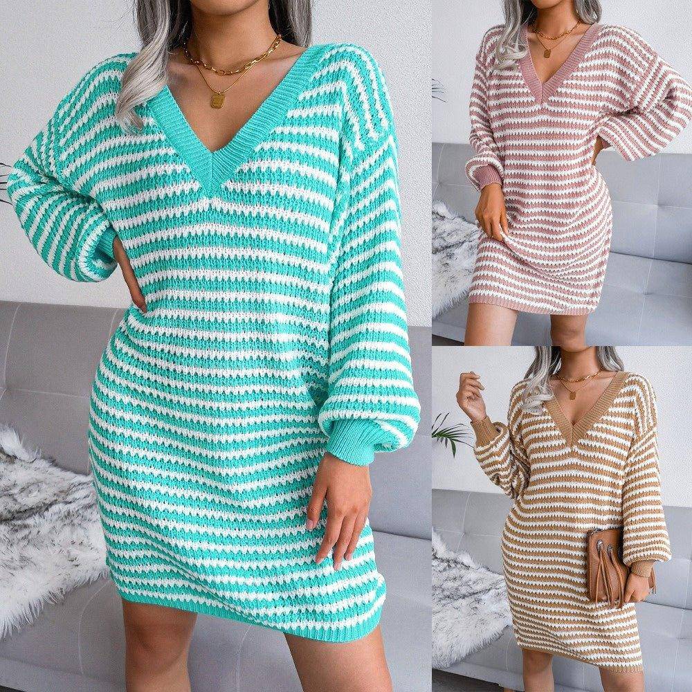 Charlotte The ins wind actual shooting autumn and winter long sleeve sweater dress new striped hollow knitted dress - Charlotte-dress