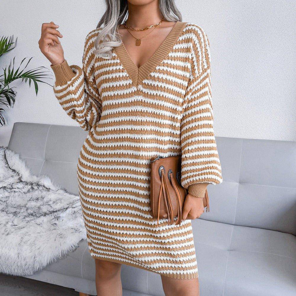 Charlotte The ins wind actual shooting autumn and winter long sleeve sweater dress new striped hollow knitted dress - Charlotte-dress