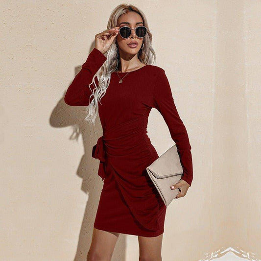 Charlotte Women's Round Neck Long-Sleeved Thin Sexy Laced Hip Dress