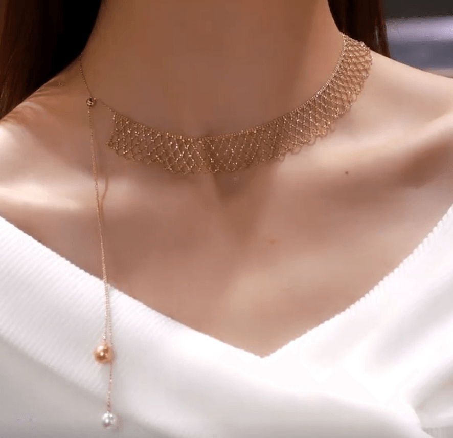Gold-plated 18K Flash Mesh Lace Necklace with Pearl Pandent