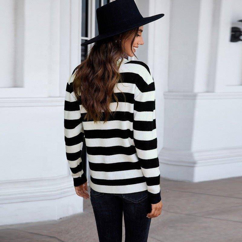 Women's Striped Long Sleeve Loose Casual V-neck Sweater Black