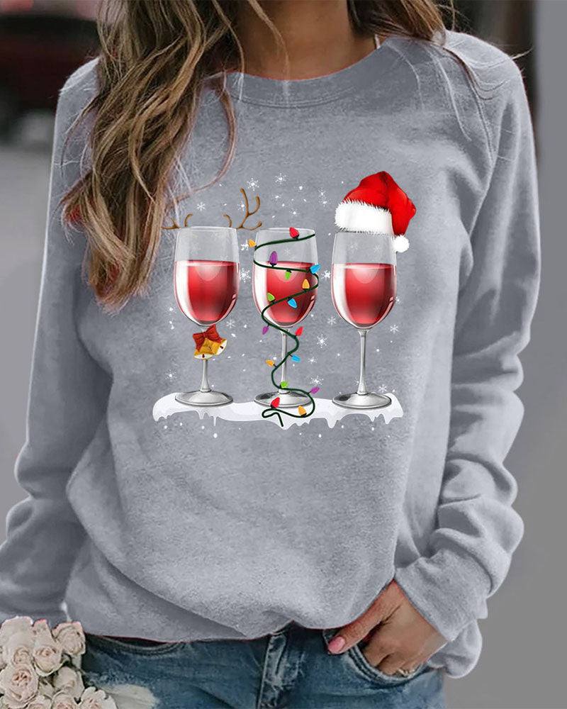 Christmas Hat Wine Glass Print Long Sleeve Top
