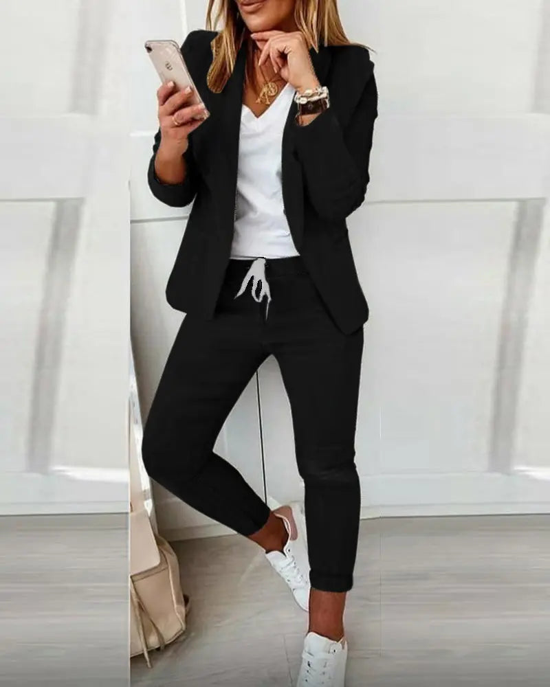 Lapel Neck Blazer Coat & Drawstring Pants Set