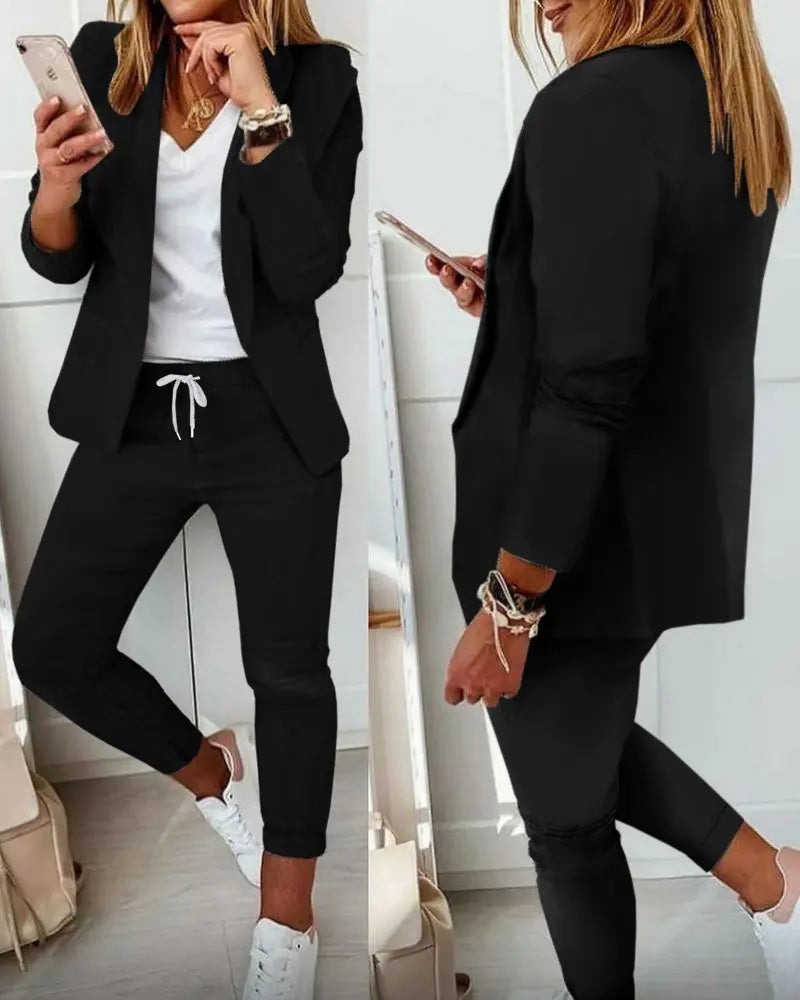 Lapel Neck Blazer Coat & Drawstring Pants Set