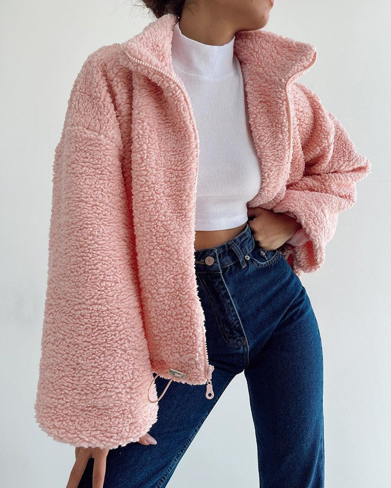 Women's Fashion Lantern Sleeve Zip Front Teddy Coat