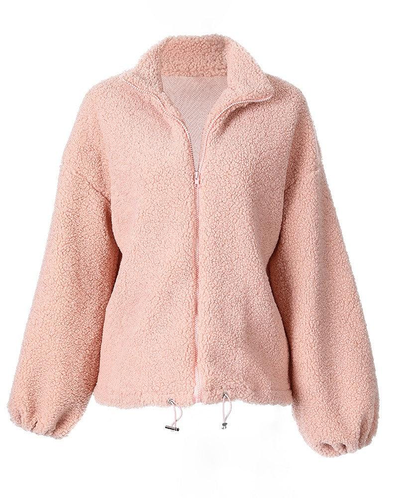 Women's Fashion Lantern Sleeve Zip Front Teddy Coat