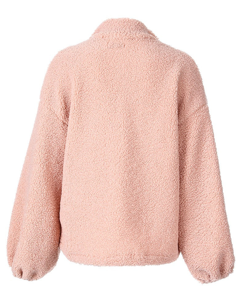 Women's Fashion Lantern Sleeve Zip Front Teddy Coat