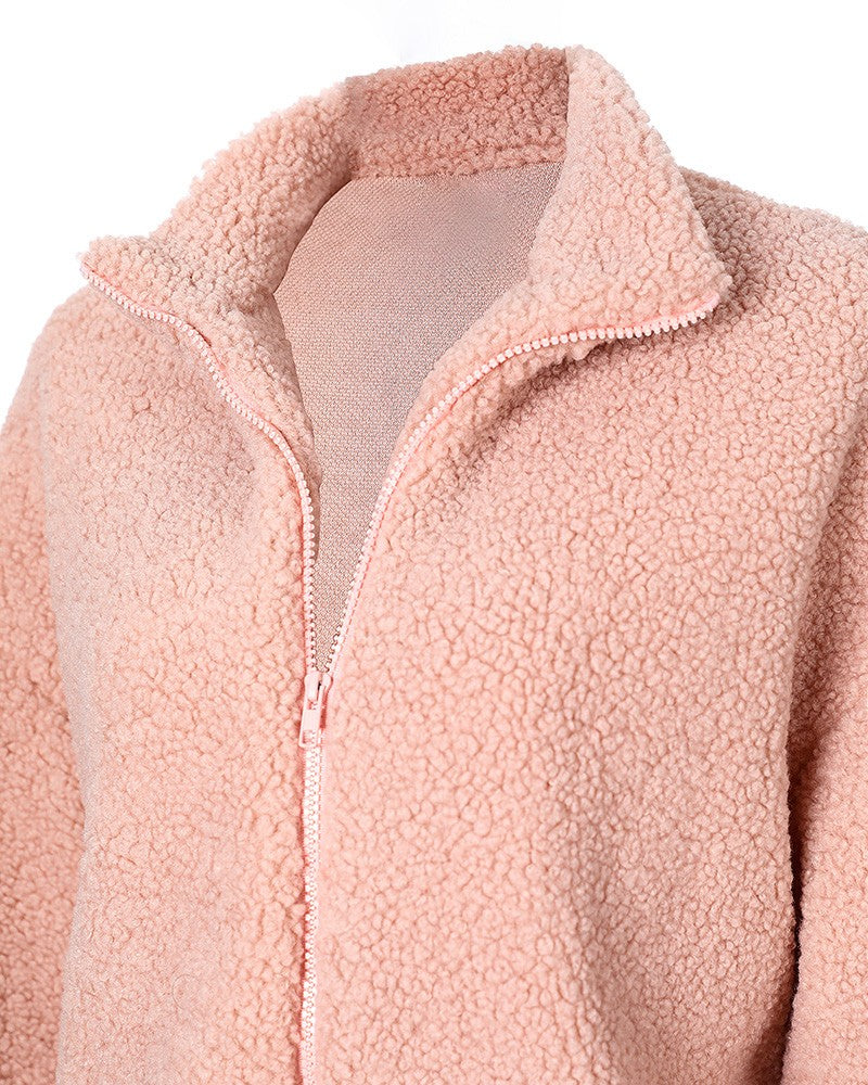 Women's Fashion Lantern Sleeve Zip Front Teddy Coat
