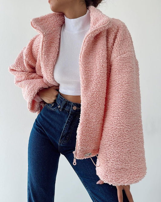 Women's Fashion Lantern Sleeve Zip Front Teddy Coat