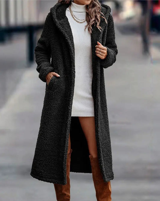 Women's Hooded Long Sleeve Longline Teddy Coat