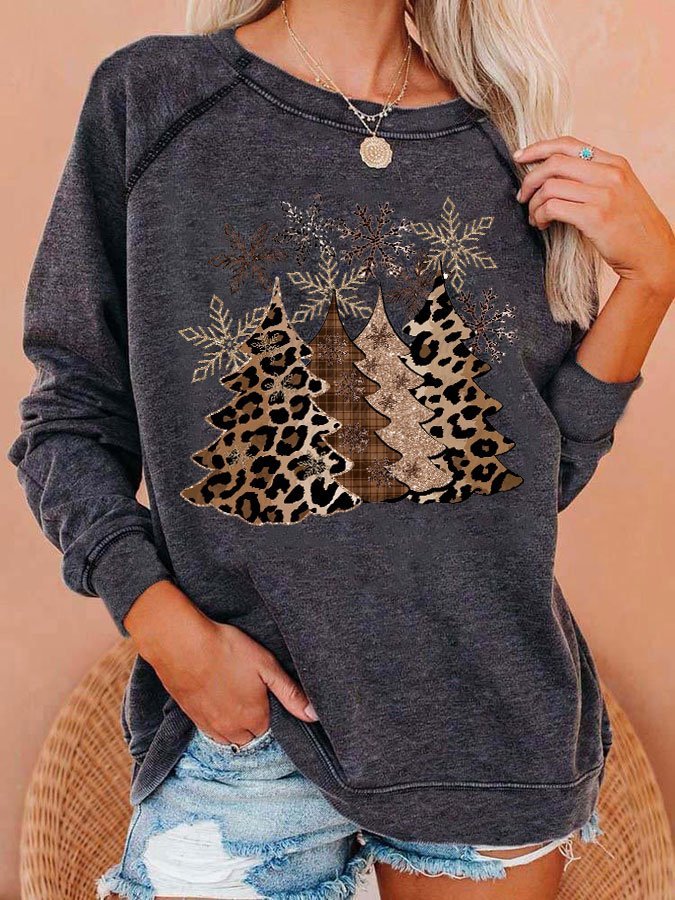 Women's Leopard Christmas Tree Print Casual Crewneck Sweatshirt