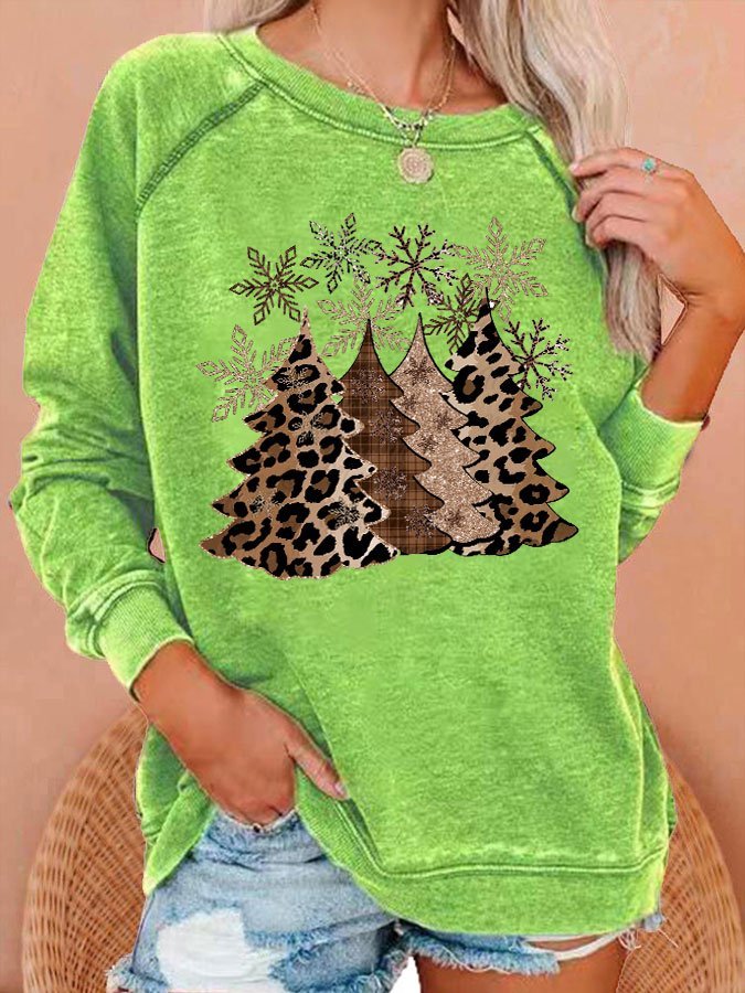 Women's Leopard Christmas Tree Print Casual Crewneck Sweatshirt