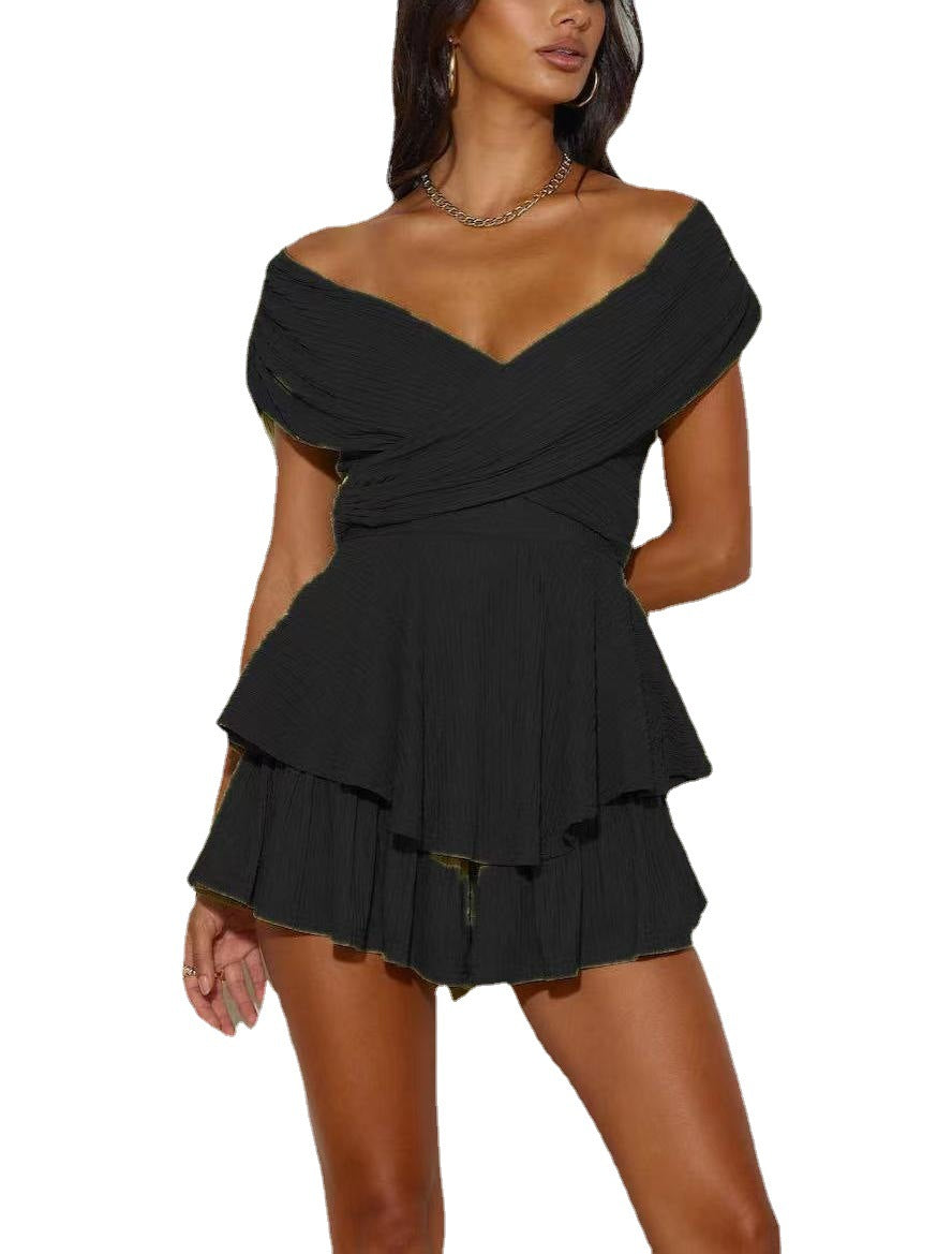 Charlotte Glory Crossover Bust Layered Hem Romper White