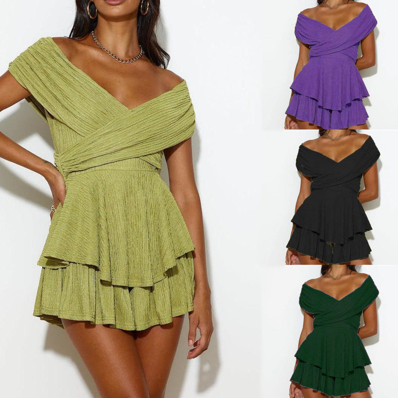 Charlotte Glory Crossover Bust Layered Hem Romper White