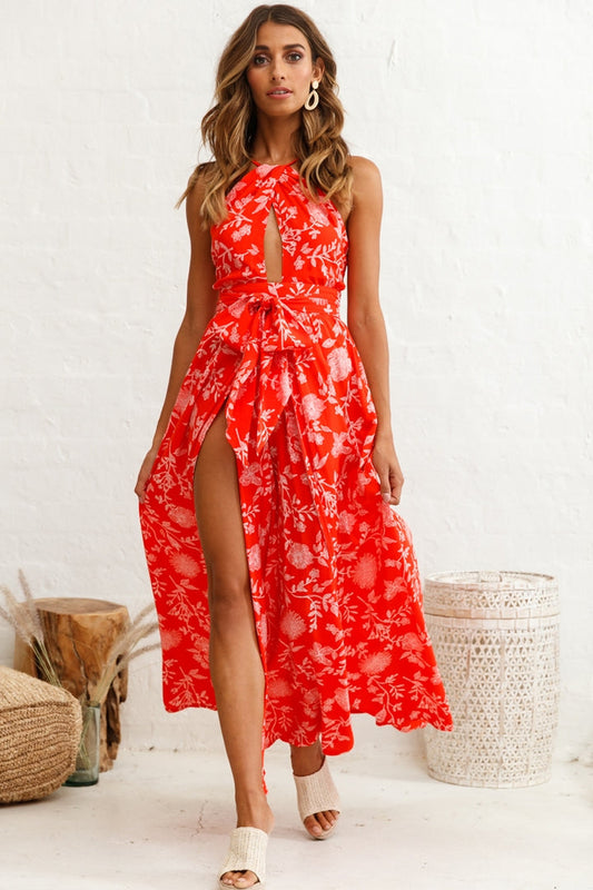 Charlotte High Split Maxi Dress Floral Print Red